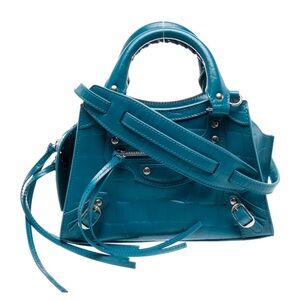Balenciaga Classic City Croc Leather Teal Top-Handle Satchel Removable Strap
